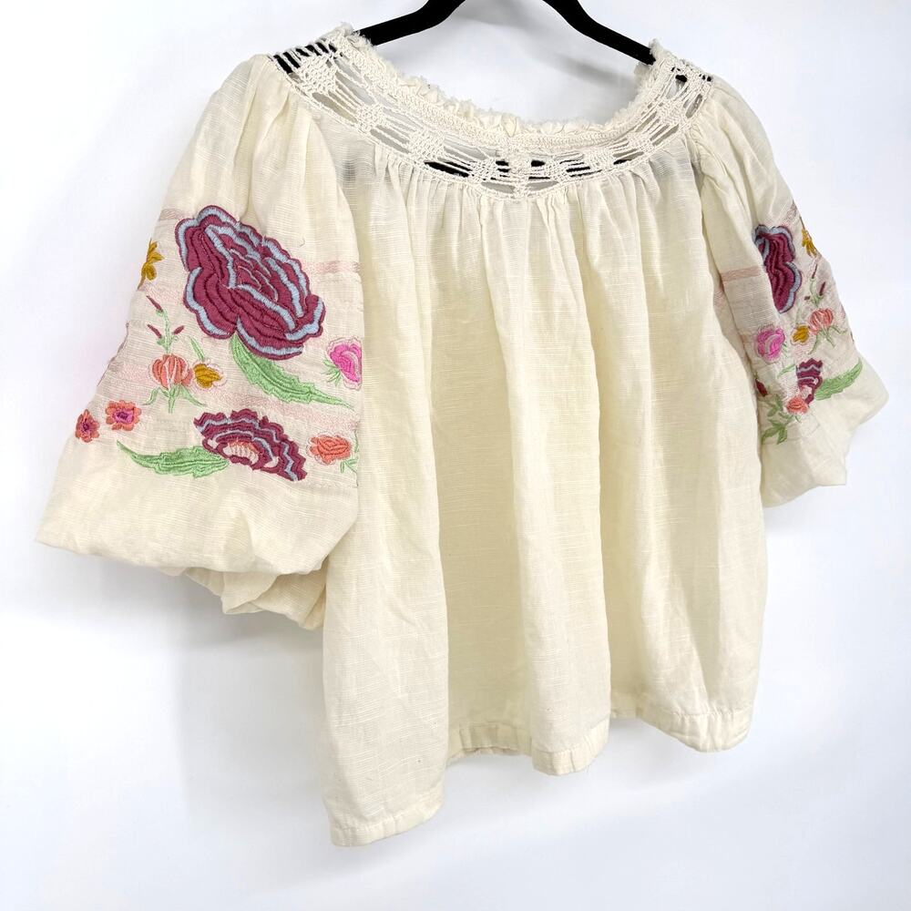 Free People Bohemia Embroidered Peasant Top XS Cream Boho Puff Sleeve - Picture 8 of 9